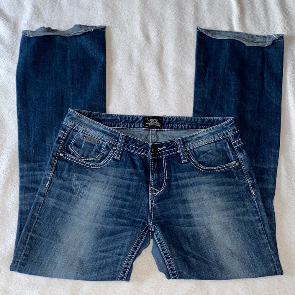 Rerock for Express Studded Distressed Low Rise Bootcut Jeans w/Raw Edge- 6R